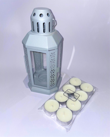 Set felinar metalic gri si 8 lumanari neparfumate din ceara naturala de soia, tip pastila, 128 g [1]