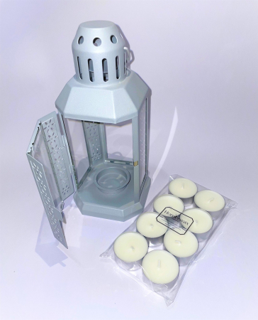 Set felinar metalic gri si 8 lumanari neparfumate din ceara naturala de soia, tip pastila, 128 g [2]