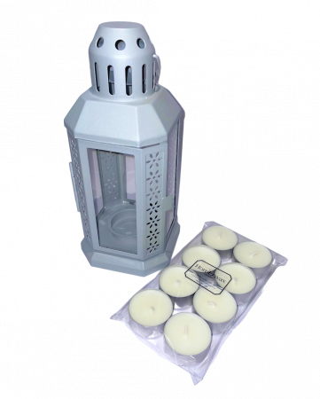 Lumanari neparfumate - Set felinar metalic gri si 8 lumanari neparfumate din ceara naturala de soia, tip pastila, 128 g