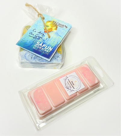 Setul contine: Snap bar cu ceara parfumata de soia, aroma Mango si fructul pasiunii, clam shell, 50 g; Sapun natural hidratant multicolor, Techir, Van Gogh, 120 g.    [1]