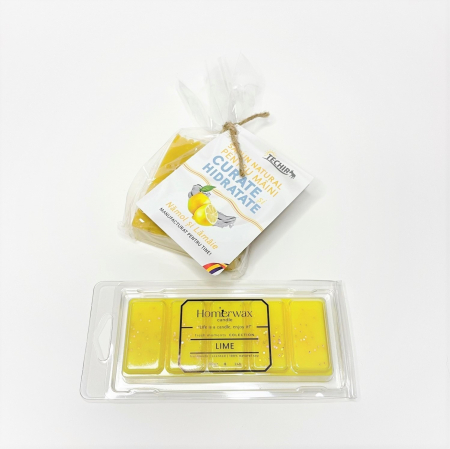 Setul contine: 1. Snap bar cu ceara parfumata de soia, aroma Lime, clam shell, 50 g; 2. Sapun natural hidratant multicolor, Techir, Namol si Lamaie, 120 g.   [4]