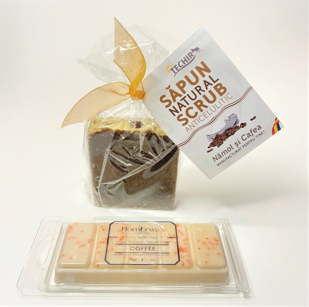 Setul contine: Snap bar cu ceara parfumata de soia, aroma Cafea, clam shell, 50 g; Sapun natural Scub, Techir, Anticelulitic, 120 g.   [1]