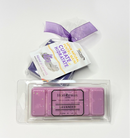 Setul contine: Snap bar cu ceara parfumata de soia, aroma Lavanda, clam shell, 50 g; Sapun natural pentru maini curate si hidratate, Techir, Namol si Lavanda, 120 g. [2]