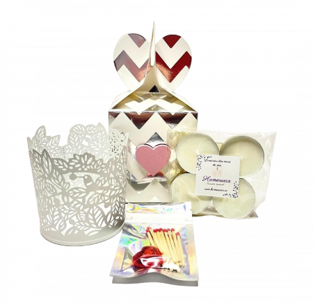 Toate produsele - Cutie eleganta cu suport metalic pentru lumanare, set 4 lumanari tip pastila, ambalaj auriu, handmade