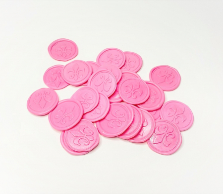 Sigiliu din ceara pentru invitatii nunta/botez, roz, model trandafir sau crin, autoadeziv, 25 buc/set. Ambalare: punga opaca cu buline albe. [11]