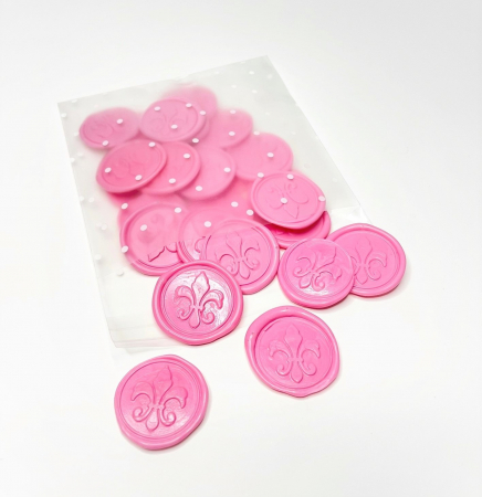 Sigiliu din ceara pentru invitatii nunta/botez, roz, model trandafir sau crin, autoadeziv, 25 buc/set. Ambalare: punga opaca cu buline albe. [10]