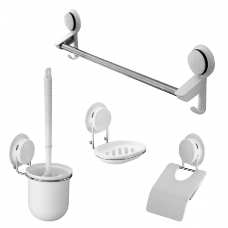 Baie - Set accesorii baie, 4 piese (bara prosoape + suport hartie igienica + suport sapun + perie wc) cu ventuze HeavyLock