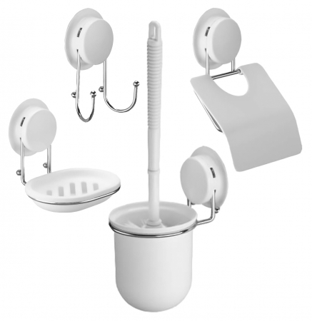 Baie - Set accesorii baie 4 piese (perie wc + suport hartie igienica + suport sapun + carlig dublu) cu ventuze HeavyLock