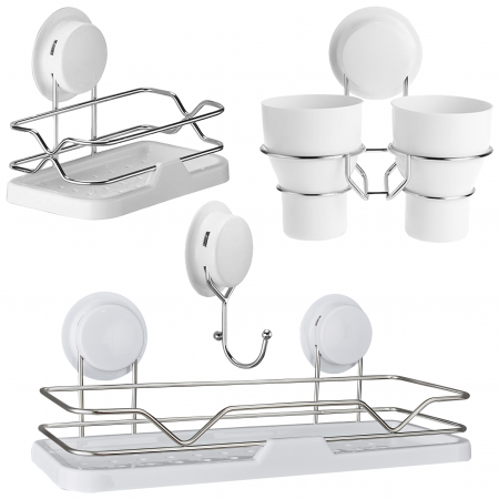 Baie - Set accesorii baie, 4 piese (etajera + minietajera + suport 2 pahare pentru periute dinti + carlig simplu) cu ventuze HeavyLock