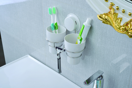 Set accesorii baie, 4 piese (etajera + minietajera + suport 2 pahare pentru periute dinti + carlig simplu) cu ventuze HeavyLock [4]