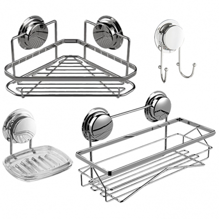 Baie - Set accesorii baie, 4 piese inox (etajera + etajera de colt + suport sapun + carlig dublu ) cu ventuze HeavyLock