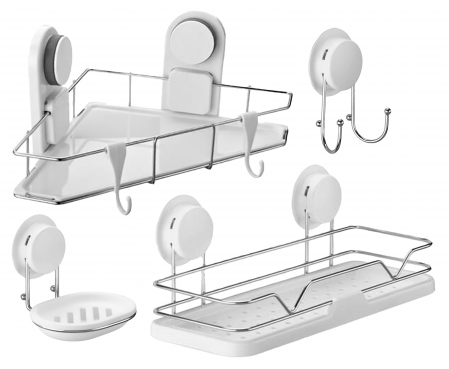 Baie - Set accesorii baie cu ventuza HeavyLock, 4 piese (etajera + etajera de colt + suport sapun + carlig dublu)