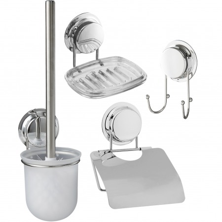 Baie - Set accesorii baie din inox, 4 piese (suport sapun + suport perie wc + suport hartie igienica + carlig dublu ) cu ventuze HeavyLock