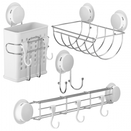 Toate produsele - Set accesorii bucatarie, 4 piese (suport cutite + suport tacamuri + suport prosop hartie + carlig dublu) cu ventuze HeavyLock