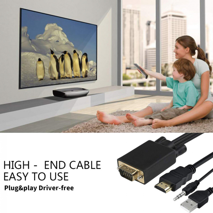 Cablu convertor VGA tata la HDMI tata cu audio si USB, 1.8m, negru [3]