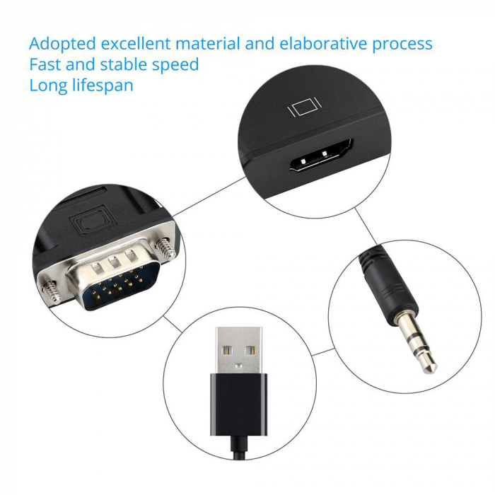 Convertor adaptor VGA tata la HDMI mama, cablu audio si cablu micro usb, HOPE R [4]