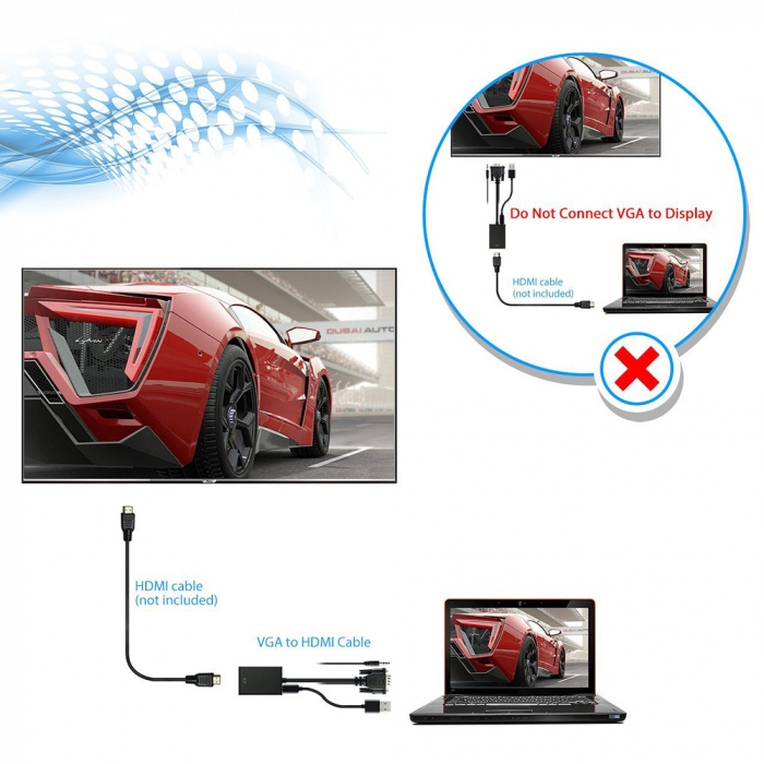 Convertor adaptor VGA tata la HDMI mama, cablu audio si cablu micro usb, HOPE R [5]