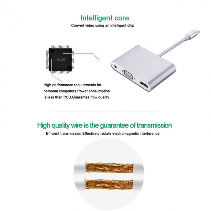 Hub 3 in 1 USB 3.1 type C la HDMI 4K, VGA, audio pentru Samsung, Mackbook, argintiu [4]