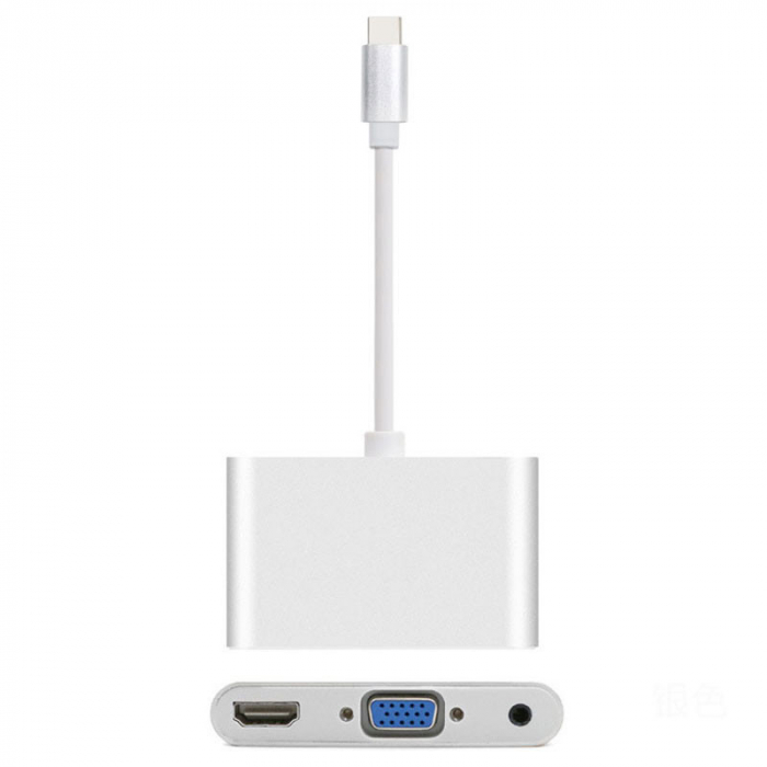 Hub 3 in 1 USB 3.1 type C la HDMI 4K, VGA, audio pentru Samsung, Mackbook, argintiu [3]