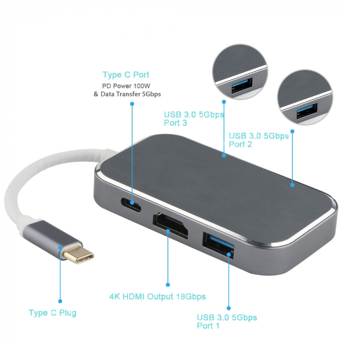 Hub 5 in 1 USB 3.1 Type-C la HDMI 4K, 3 x USB 3.0, 1 x USB3.1 pana la 5 Gbps, HOPE R [2]