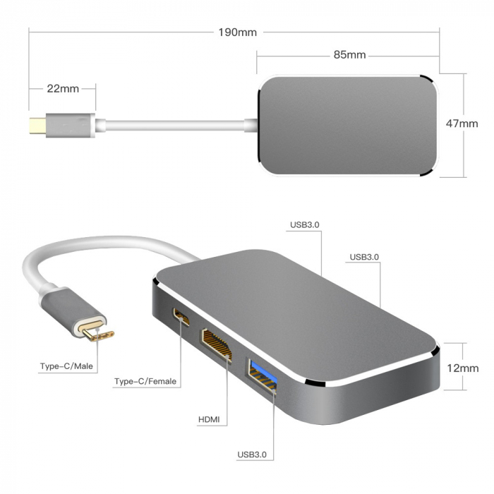 Hub 5 in 1 USB 3.1 Type-C la HDMI 4K, 3 x USB 3.0, 1 x USB3.1 pana la 5 Gbps, HOPE R [5]