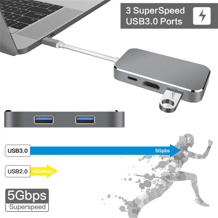 Hub 5 in 1 USB 3.1 Type-C la HDMI 4K, 3 x USB 3.0, 1 x USB3.1 pana la 5 Gbps, HOPE R [4]