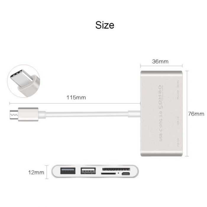 Hub 5 in 1 USB 3.1 Type-C la USB 3.0, 1 x USB 2.0, 1 x micro USB, 1 x SD card, 1 x TF, HOPE R [2]