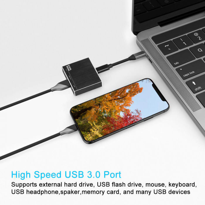 Hub convertor 3 in 1 HOPE R, USB 3.1 Type-C la HDMI 4K@60Hz, USB 3.0 si port de incarcare USB Type-C, negru [4]