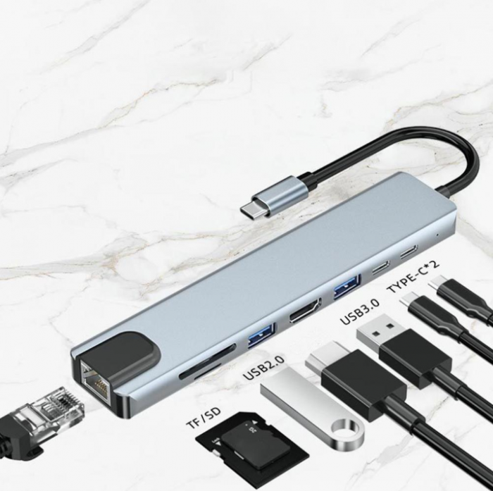 Hub USB 3.1 tip C, 8 in 1 HDMI/USB3.0/USB2.0/2xUSB3.1-C/RJ45/SD/TF, carcasa aluminiu, HOPE R [6]