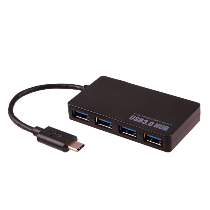 Hub USB 3.1 Type-c la 4 x porturi Usb 3.0 si 2 BC 1.2 cu port alimentare priza, compatibil Thunderbolt, negru, HOPE R [1]