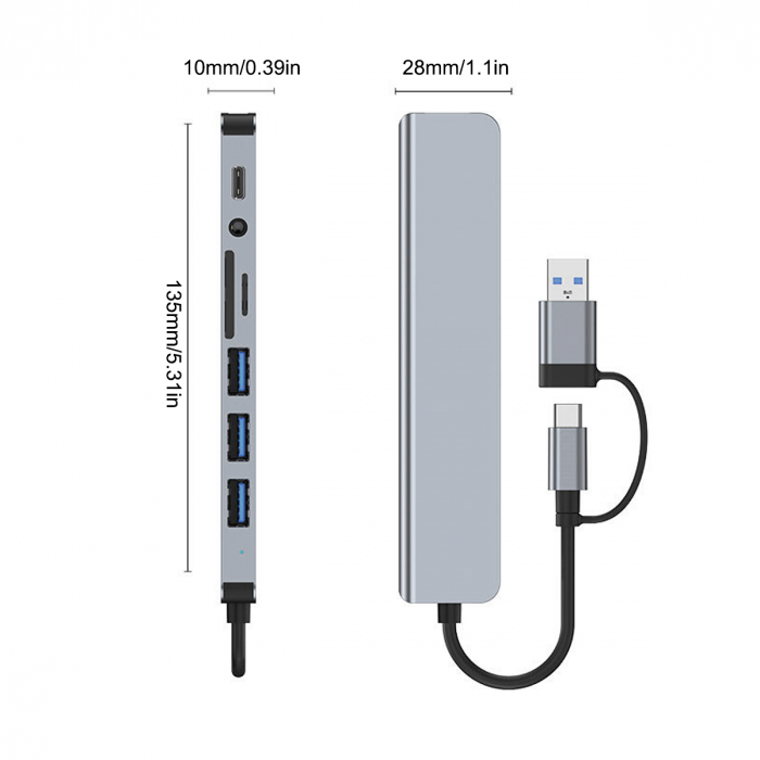 Hub USB-C 8-in-1 HOPE R® multiport: 2x USB3.0 tip A, 2x USB2.0 tip A, 1x USB3.0 tip C, card reader SD/TF, jack audio 3.5 mm [4]