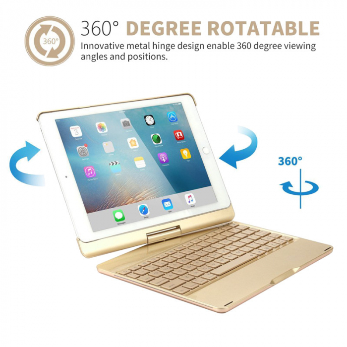 Husa carcasa aluminiu, aurie, cu tastatura LED, Bluetooth Wireless pentru iPad Air, iPad Air 2, iPad Pro 9.7, iPad 9.7 2017, 2018 [3]