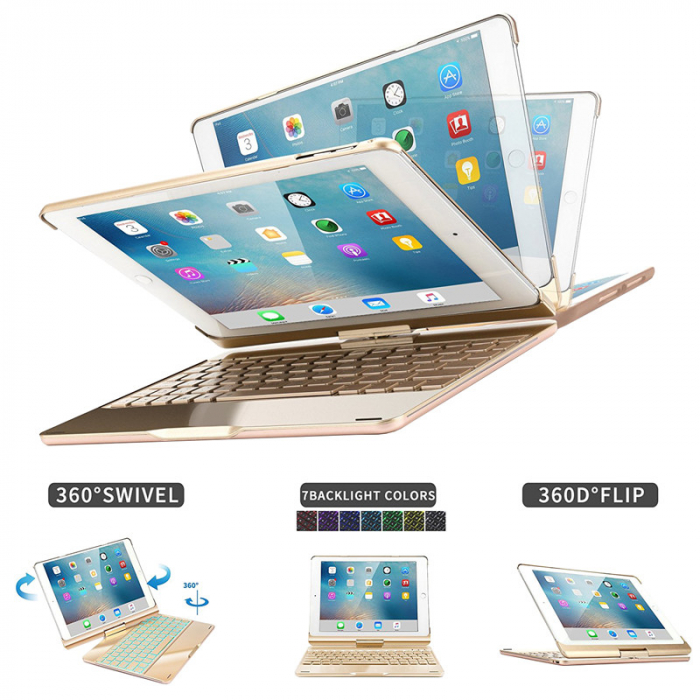Husa carcasa aluminiu, aurie, cu tastatura LED, Bluetooth Wireless pentru iPad Air, iPad Air 2, iPad Pro 9.7, iPad 9.7 2017, 2018 [2]