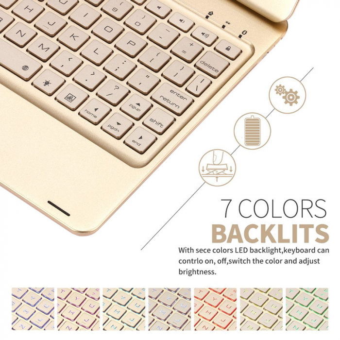 Husa carcasa aluminiu, aurie, cu tastatura LED, Bluetooth Wireless pentru iPad Air, iPad Air 2, iPad Pro 9.7, iPad 9.7 2017, 2018 [6]