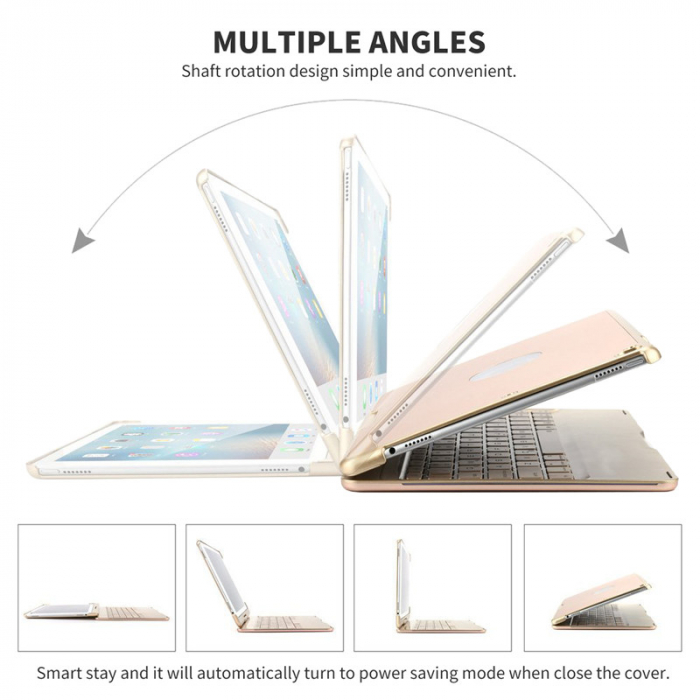 Husa carcasa aluminiu, aurie, cu tastatura LED, Bluetooth Wireless pentru iPad Air, iPad Air 2, iPad Pro 9.7, iPad 9.7 2017, 2018 [5]