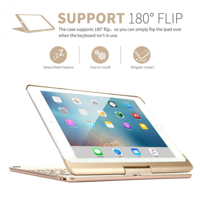 Husa carcasa aluminiu, aurie, cu tastatura LED, Bluetooth Wireless pentru iPad Air, iPad Air 2, iPad Pro 9.7, iPad 9.7 2017, 2018 [4]