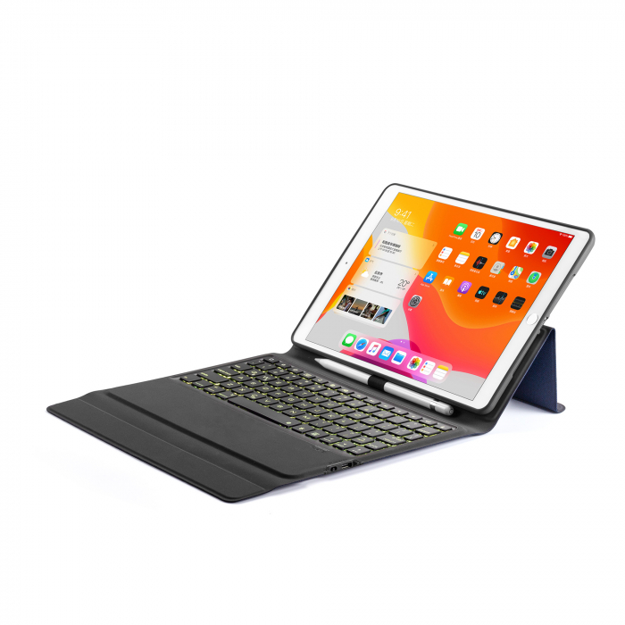 Husa carcasa piele ecologica, albastra, cu tastatura LED Bluetooth Wireless pentru iPad Pro 10.5, Air 3 2019 10.5 inch, iPad 10.2 inch [2]