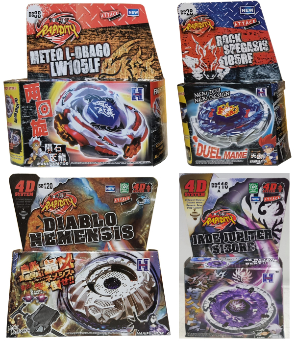 Pachet titirezi 4D ATTACK-S 4 buc + 2 lansatoare (1 cu sfoara) + 2 varfuri metalice: BB88 Meteo L-Drago, BB120 Diablo Nemensis, BB28 Rock SPegasis, BB116A Jade Jupiter [2]