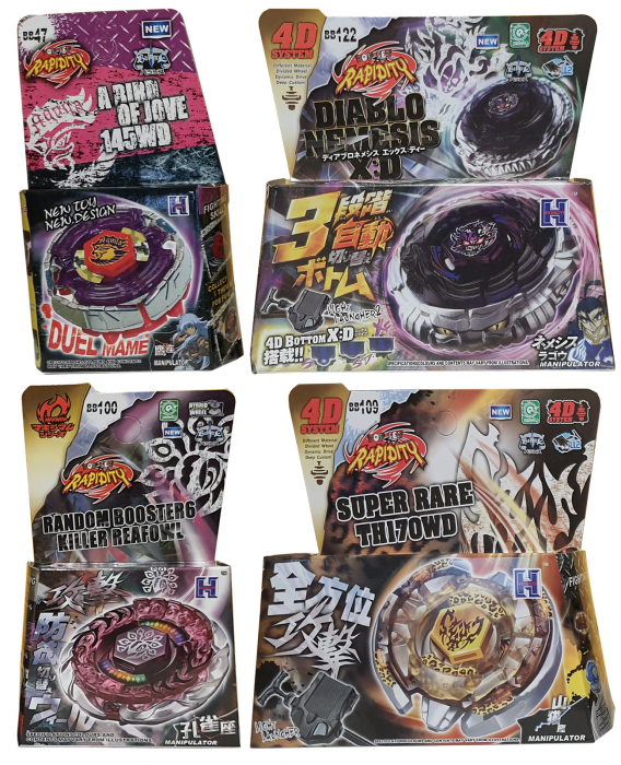 Pachet titirezi 4D BALANCE 4 buc + 2 lansatoare + 1 varf metalic: BB122 Diablo Nemesis, BB109 Super Rare, BB47 A Bird of Jove, BB100 Random Booster6 Killer Reafowl [2]