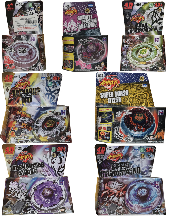 Pachet titirezi 4D DEFENSE 7 buc. + 4 lansatoare + 4 varfuri metalice: BB106 Fang Leone, BB114 Variares, BB116A Jade Jupiter, BB104 Basalt Horogium, BB80 Gravity Perseus, BB51 Super Rorso, BB124 Kreis [2]