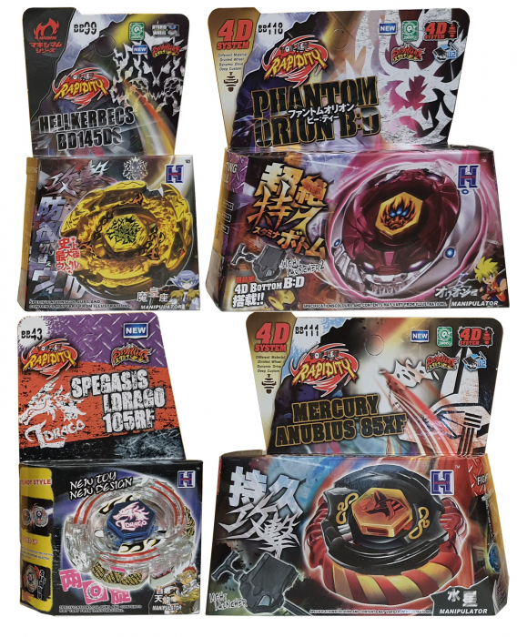 Pachet titirezi 4D FLAME 4 buc + 2 lansatoare + 2 varfuri metalice: BB118 Phantom Orion, BB111 Mercury Anubius, BB43 Spegasis LDrago, BB99 Hell Kerbecs [2]