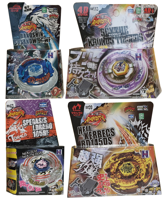 Pachet titirezi 4D FLAME2 4 buc + 2 lansatoare + 2 varfuri metalice: BB99 Hell Kerbecs, BB113 Scythe Kronos, BB43 Spegasis LDrago, Bakushin Susanow [2]