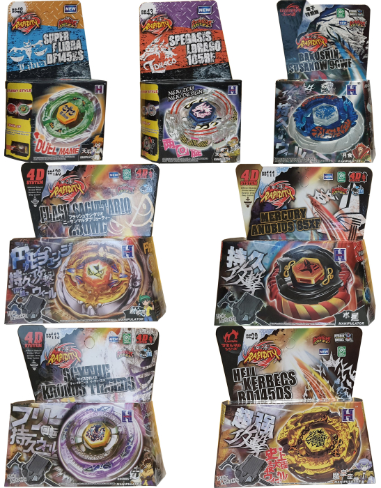 Pachet titirezi 4D FLAME2 7 buc. + 4 lansatoare + 4 varfuri metalice: BB99 Hell Kerbecs, BB126 Flash Sagittario, BB111 Mercury Anubius, BB113 Scythe Kronos, BB43 Spegasis LDrago, BB48 Super Libra, Bak [2]