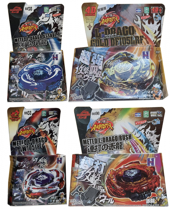 Pachet titirezi 4D LDRAGO Attack 4 buc + 2 lansatoare + 2 varfuri metalice: BB88 Meteo, BB98 Assaul.T, BB98R Rush, 3013H Gold [2]