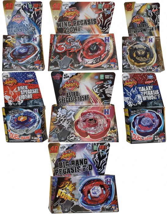 Pachet titirezi 4D PEGASIS Colectie 7 buc + 3 lansatoare + 2 varfuri metalice: BB105 Big Bang, BB121A Wing, 3011B Astro, 3013-02 Big Bang Blue Wing, BB70 Galaxy, BB28 Rock, W103R2F Galaxy [2]