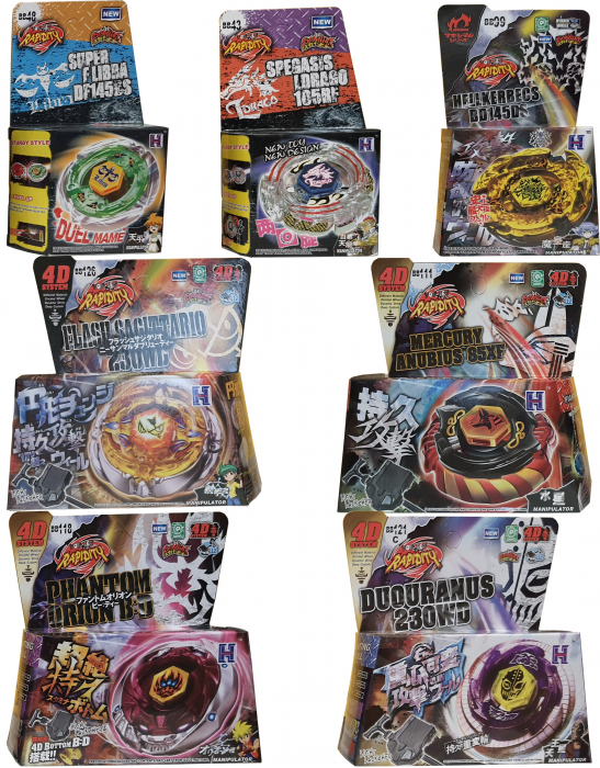 Pachet titirezi 4D FLAME 7 buc. + 4 lansatoare + 4 varfuri metalice: BB118 Phantom Orion, BB111 Mercury Anubius, BB126 Flash Sagittario, BB121C DuoUranus, BB43 Spegasis LDrago, BB99 Hell Kerbecs, BB48 [2]