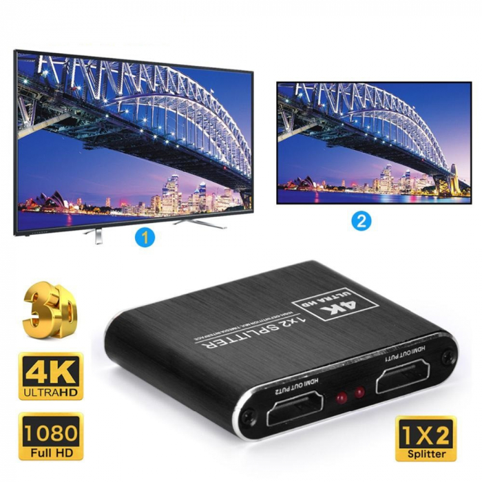 Splitter HDMI 4Kx2K@30Hz, 1 intrare 2 iesiri, HDCP 1.4, UltraHD, slim, negru [4]