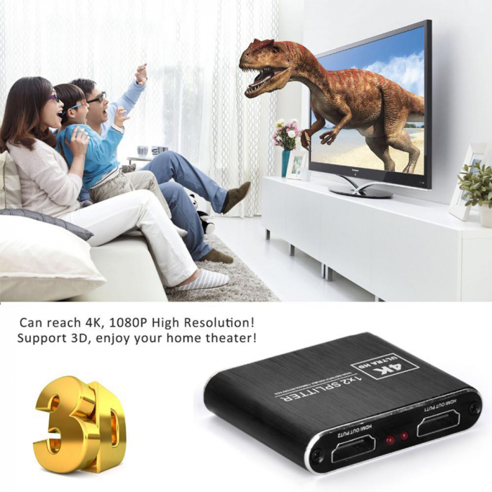 Splitter HDMI 4Kx2K@30Hz, 1 intrare 2 iesiri, HDCP 1.4, UltraHD, slim, negru [5]
