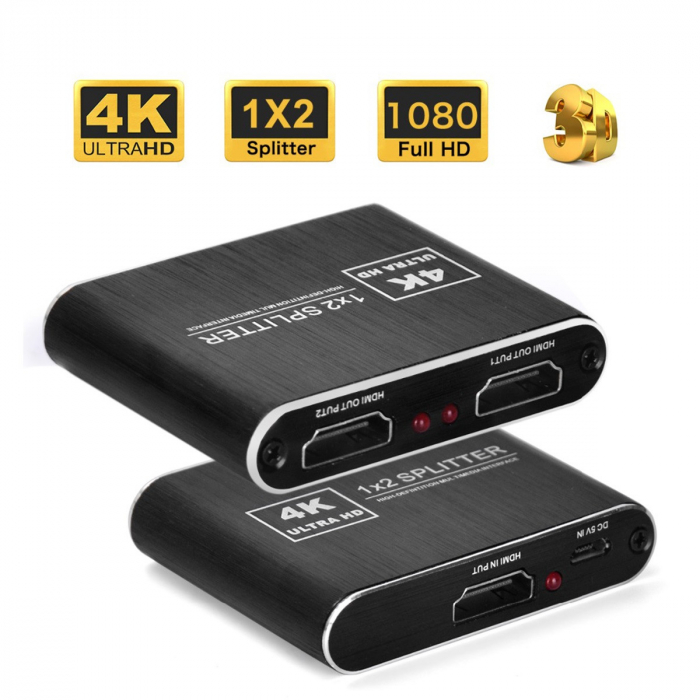 Splitter HDMI 4Kx2K@30Hz, 1 intrare 2 iesiri, HDCP 1.4, UltraHD, slim, negru [3]