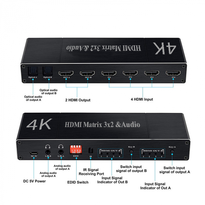 Switch HDMI 1.4b HDCP 2.2 MATRIX 4in 2out, 4Kx2K , extractor Audio, 2 x optical, Audio L/R cu EDID si telecomanda IR, negru [3]